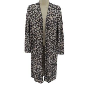 GUESS Womens Small Gray Fuzzy Leopard Animal Print Long Sleeve Open Front Duster